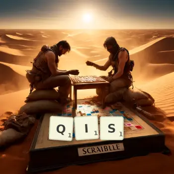 Creative illustration for a Scrabble game with the word QIS spelled out in tiles on the board.
