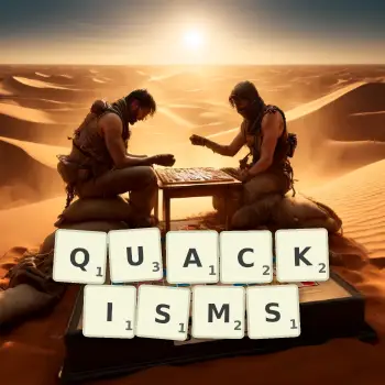 Creative illustration for a Scrabble game with the word QUACKISMS spelled out in tiles on the board.