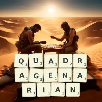 Creative illustration for a Scrabble game with the word QUADRAGENARIAN spelled out in tiles on the board.