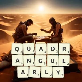 Creative illustration for a Scrabble game with the word QUADRANGULARLY spelled out in tiles on the board.