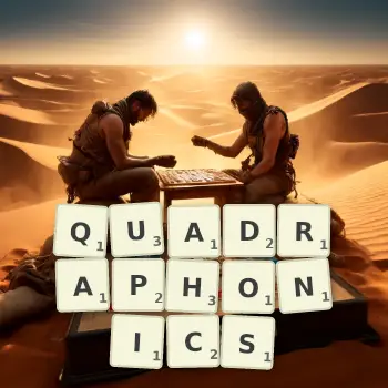 Creative illustration for a Scrabble game with the word QUADRAPHONICS spelled out in tiles on the board.
