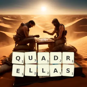 Creative illustration for a Scrabble game with the word QUADRELLAS spelled out in tiles on the board.