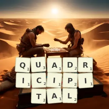 Creative illustration for a Scrabble game with the word QUADRICIPITAL spelled out in tiles on the board.