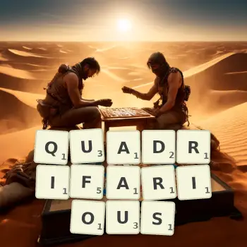 Creative illustration for a Scrabble game with the word QUADRIFARIOUS spelled out in tiles on the board.