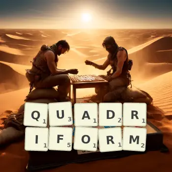 Creative illustration for a Scrabble game with the word QUADRIFORM spelled out in tiles on the board.