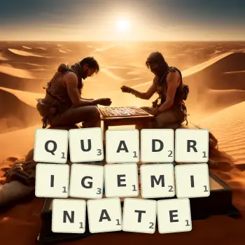 Creative illustration for a Scrabble game with the word QUADRIGEMINATE spelled out in tiles on the board.
