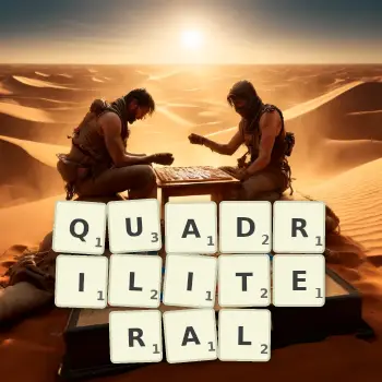 Creative illustration for a Scrabble game with the word QUADRILITERAL spelled out in tiles on the board.