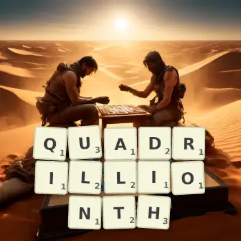 Creative illustration for a Scrabble game with the word QUADRILLIONTH spelled out in tiles on the board.