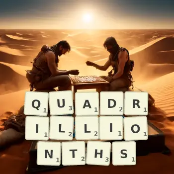 Creative illustration for a Scrabble game with the word QUADRILLIONTHS spelled out in tiles on the board.
