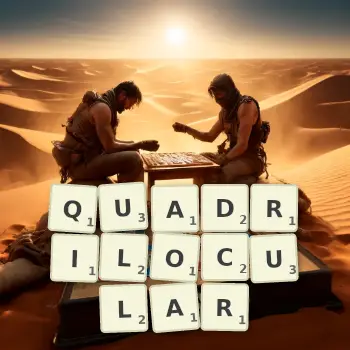Creative illustration for a Scrabble game with the word QUADRILOCULAR spelled out in tiles on the board.
