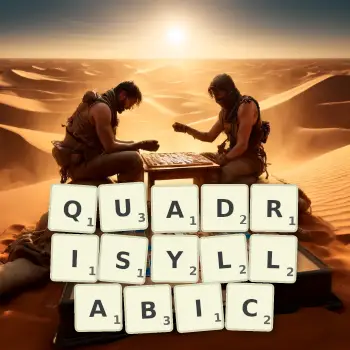 Creative illustration for a Scrabble game with the word QUADRISYLLABIC spelled out in tiles on the board.