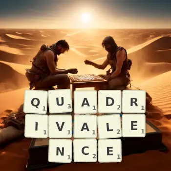Creative illustration for a Scrabble game with the word QUADRIVALENCE spelled out in tiles on the board.