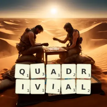 Creative illustration for a Scrabble game with the word QUADRIVIAL spelled out in tiles on the board.