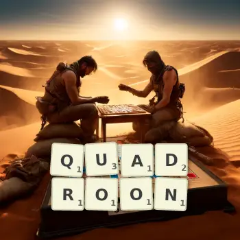Creative illustration for a Scrabble game with the word QUADROON spelled out in tiles on the board.