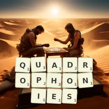 Creative illustration for a Scrabble game with the word QUADROPHONIES spelled out in tiles on the board.