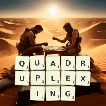 Creative illustration for a Scrabble game with the word QUADRUPLEXING spelled out in tiles on the board.