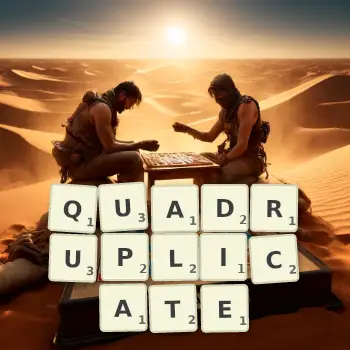 Creative illustration for a Scrabble game with the word QUADRUPLICATE spelled out in tiles on the board.
