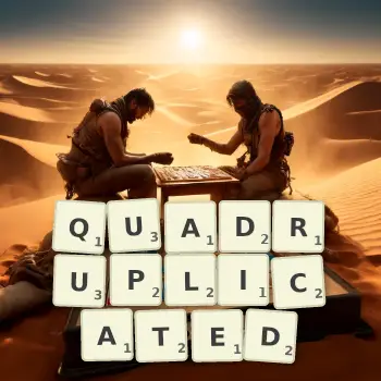 Creative illustration for a Scrabble game with the word QUADRUPLICATED spelled out in tiles on the board.