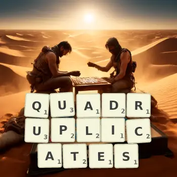 Creative illustration for a Scrabble game with the word QUADRUPLICATES spelled out in tiles on the board.