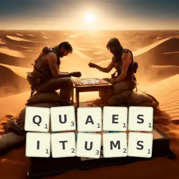 Creative illustration for a Scrabble game with the word QUAESITUMS spelled out in tiles on the board.