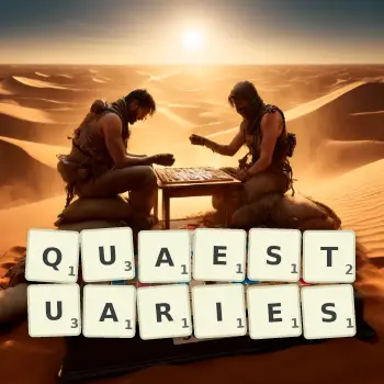 Creative illustration for a Scrabble game with the word QUAESTUARIES spelled out in tiles on the board.