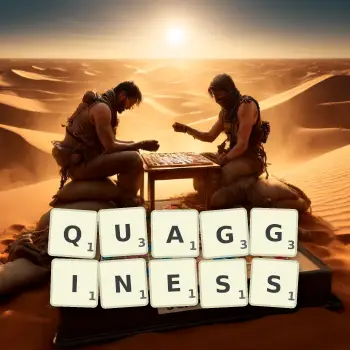 Creative illustration for a Scrabble game with the word QUAGGINESS spelled out in tiles on the board.