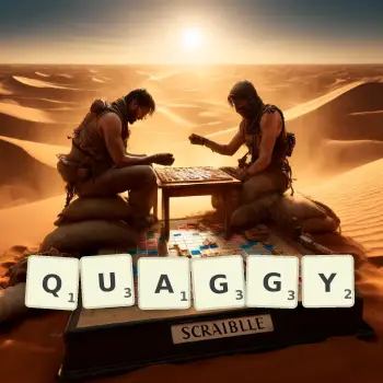 Creative illustration for a Scrabble game with the word QUAGGY spelled out in tiles on the board.