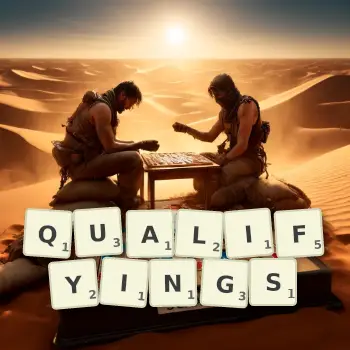 Creative illustration for a Scrabble game with the word QUALIFYINGS spelled out in tiles on the board.