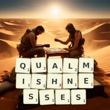 Creative illustration for a Scrabble game with the word QUALMISHNESSES spelled out in tiles on the board.
