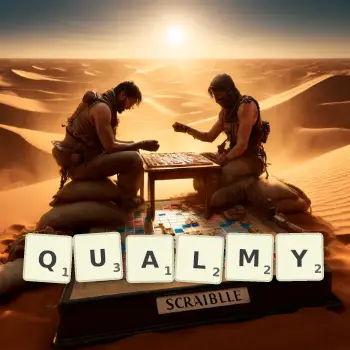 Creative illustration for a Scrabble game with the word QUALMY spelled out in tiles on the board.