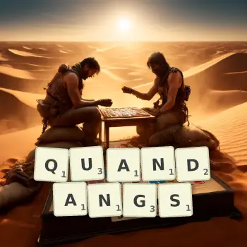 Creative illustration for a Scrabble game with the word QUANDANGS spelled out in tiles on the board.