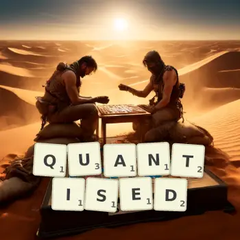 Creative illustration for a Scrabble game with the word QUANTISED spelled out in tiles on the board.