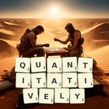 Creative illustration for a Scrabble game with the word QUANTITATIVELY spelled out in tiles on the board.