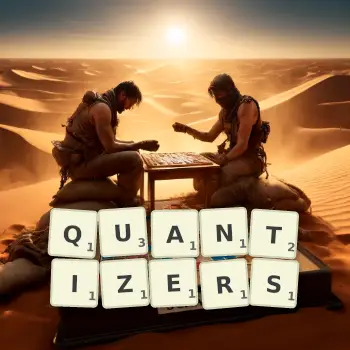 Creative illustration for a Scrabble game with the word QUANTIZERS spelled out in tiles on the board.