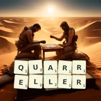 Creative illustration for a Scrabble game with the word QUARRELLER spelled out in tiles on the board.