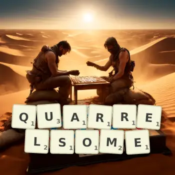 Creative illustration for a Scrabble game with the word QUARRELSOME spelled out in tiles on the board.