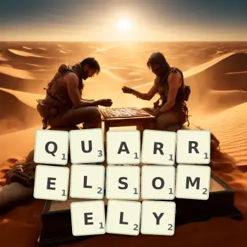 Creative illustration for a Scrabble game with the word QUARRELSOMELY spelled out in tiles on the board.