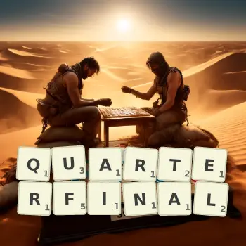 Creative illustration for a Scrabble game with the word QUARTERFINAL spelled out in tiles on the board.