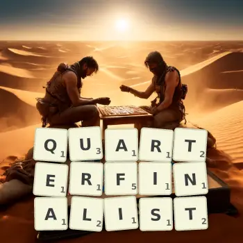 Creative illustration for a Scrabble game with the word QUARTERFINALIST spelled out in tiles on the board.