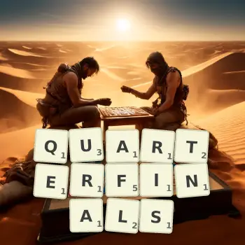 Creative illustration for a Scrabble game with the word QUARTERFINALS spelled out in tiles on the board.