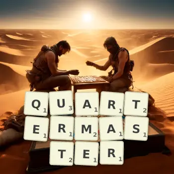 Creative illustration for a Scrabble game with the word QUARTERMASTER spelled out in tiles on the board.