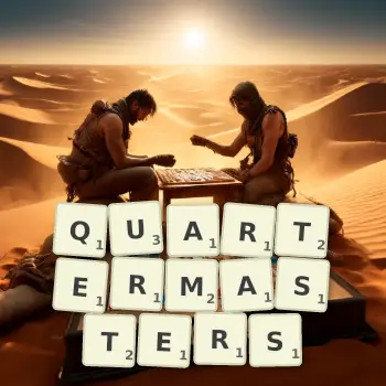 Creative illustration for a Scrabble game with the word QUARTERMASTERS spelled out in tiles on the board.