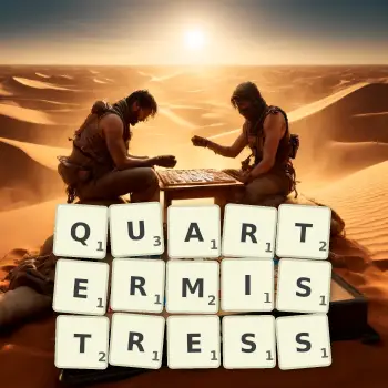 Creative illustration for a Scrabble game with the word QUARTERMISTRESS spelled out in tiles on the board.