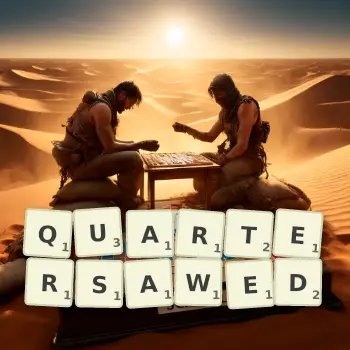 Creative illustration for a Scrabble game with the word QUARTERSAWED spelled out in tiles on the board.