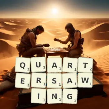 Creative illustration for a Scrabble game with the word QUARTERSAWING spelled out in tiles on the board.