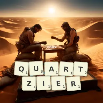 Creative illustration for a Scrabble game with the word QUARTZIER spelled out in tiles on the board.
