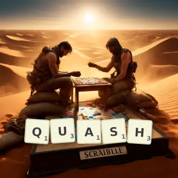 Creative illustration for a Scrabble game with the word QUASH spelled out in tiles on the board.