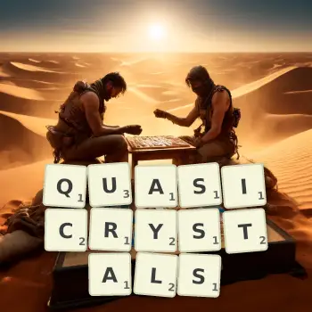 Creative illustration for a Scrabble game with the word QUASICRYSTALS spelled out in tiles on the board.