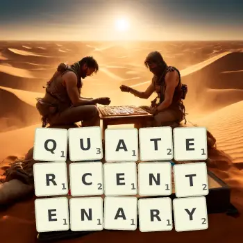 Creative illustration for a Scrabble game with the word QUATERCENTENARY spelled out in tiles on the board.