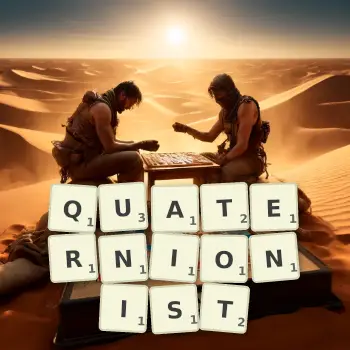 Creative illustration for a Scrabble game with the word QUATERNIONIST spelled out in tiles on the board.